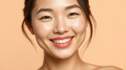 Obraz premium Radiant young woman with a genuine smile showcasing her healthy teeth on a neutral background.