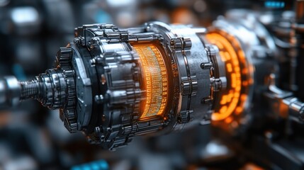 Fototapeta premium Close-up of intricate, metallic engine part with glowing orange display