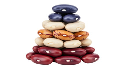 A vibrant pyramid of assorted beans showcasing various colors and patterns, set against a clean background for culinary use
