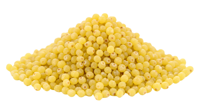 A vibrant pile of yellow beads displayed against a white backdrop, ideal for crafting, jewelry making, or design projects
