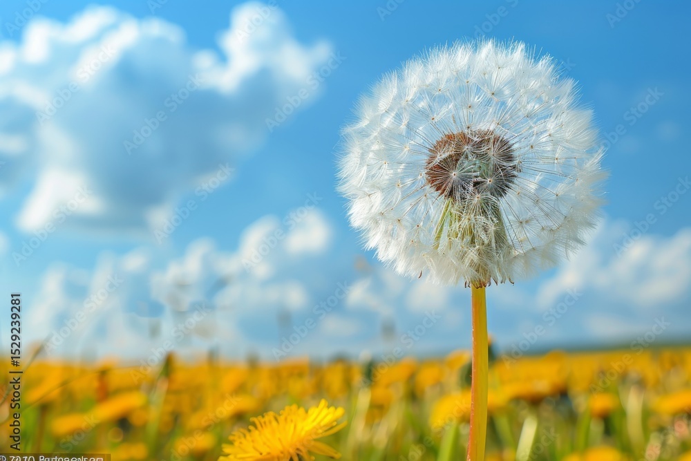Poster a close-up view of a dandelion in a sunny field, surrounded by colorful flowers and a bright blue sk