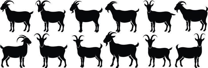 Goat silhouette vector set, farm animal clipart collection, livestock icon bundle, domestic goat shapes, black graphic