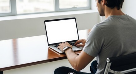 Man Working on Laptop Blank Screen Mockup for Website or App Presentation
