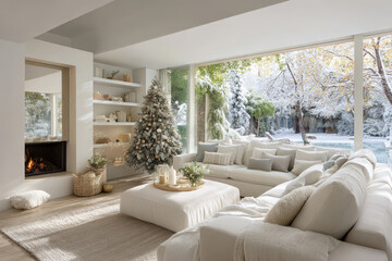 Salón de estar en tonos beiges y blancos con decoracion navideña, chimenea encendida, grandes ventanales y nieve en el jardín