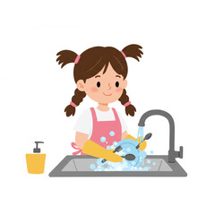 Adorable Girl Washing Dishes Childrens Kitchen Cartoon Scalable Design for Kids Products Branding