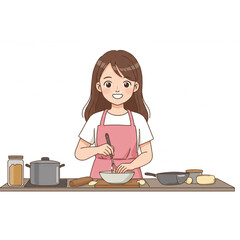 A cheerful girl in a pink apron happily bakes delicious treats in her kitchen a delightful cooking scene perfect for recipe blogs or culinary branding