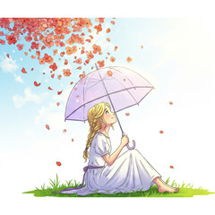 Serene girl under a parasol amidst falling petals a whimsical spring scene perfect for branding design and logo creation