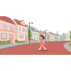 A cheerful girl strolls down a brick road lined with charming houses a delightful suburban scene perfect for children's book design or branding