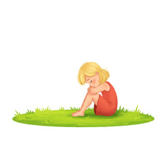 Adorable girl sitting on grass a sweet child character design perfect for children's books illustrations and branding projects
