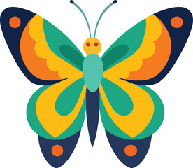 Vibrant butterfly illustration with colorful wings in blue, green, yellow, and orange. Perfect for nature-themed designs, art projects, and educational materials.