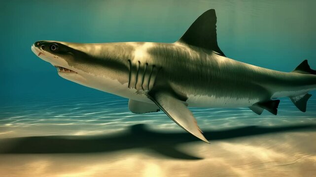 Large hammerhead shark swimming underwater with small fish around. Marine predator habitat. Ocean wildlife concept. Water life footage.