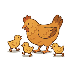 Cartoon hen with her three chicks on beige background