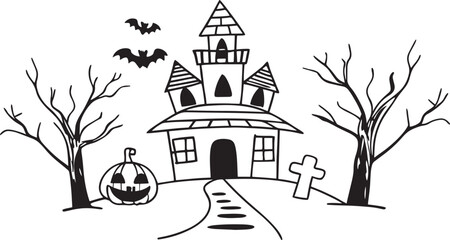 Spooky Halloween Haunted House Scene Hand-Drawn Bat Pumpkin and Graveyard Art Perfect for Holiday Decor & Kids Crafts