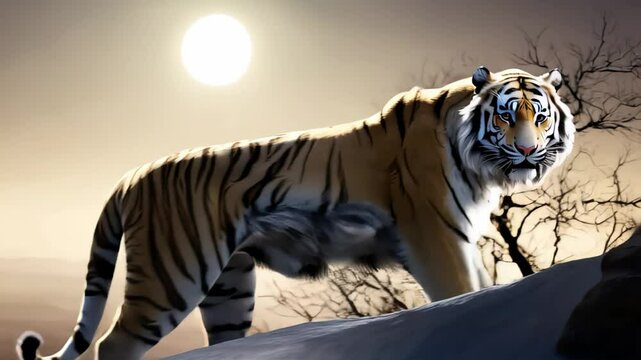 A majestic tiger stands on a snowy mountain ridge under a bright moonlit sky, with barren trees on the sides and a vast landscape in the background, conveying a concept of wild nature and solitary pow
