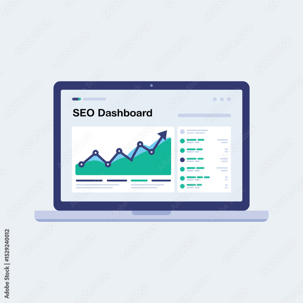 Poster laptop displaying seo dashboard with upward trending graph and data analytics