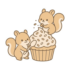 Fototapeta premium Two cute squirrels decorating a giant cupcake with sprinkles