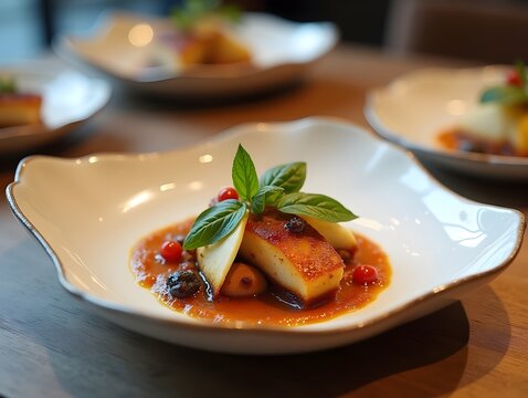 A presentation that utilizes a custom-designed plate or serving vessel, its shape, color, or texture enhancing the presentation and overall dining experience, the artful integration of tableware into