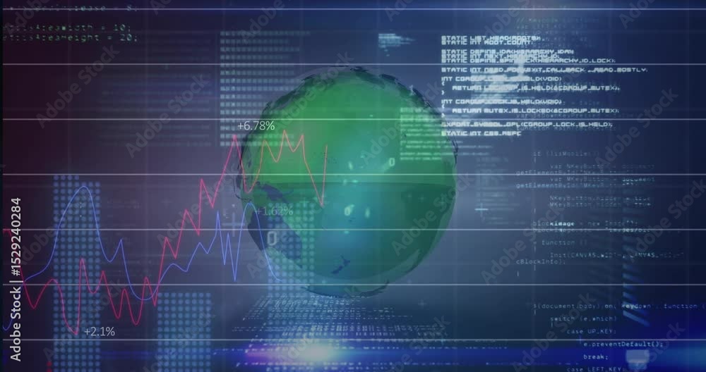 Poster opening ui initiating globe rotating code scrolling and lens sweeping arrow circling data climbing