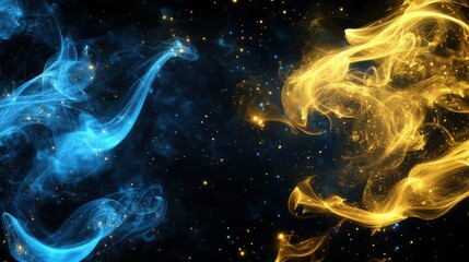 Surreal interplay of glowing blue and gold nebula-like smoke in a starlit galaxy