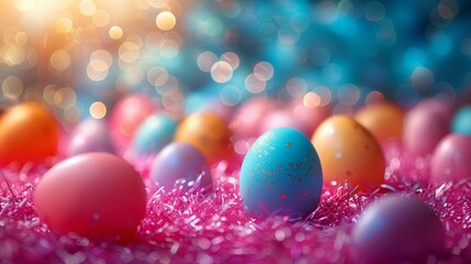 An arrangement of colorful Easter eggs spread across a vibrant, glittery background, celebrating the joy and festivity of Easter season with an artistic flair and charm.