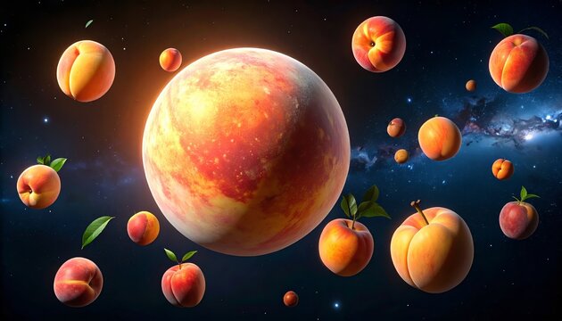 Colorful peach planet surrounded by floating peaches in a cosmic environment