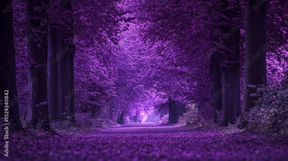 Poster surreal abstract landscape of endless purple pathways with dreamy mist and soft gradient light in fu