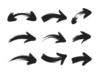 A collection of nine black, hand-drawn, brush-stroke arrows, perfect for use in presentations, web design, social media graphics, or any project requiring a dynamic and expressive design vector art