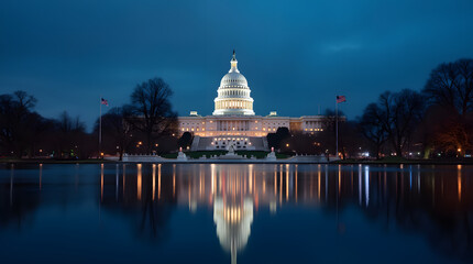 Fototapeta premium Night View of the United States Capitol Building in Washington, D.C., Featuring Illuminated Architecture and Iconic American Landmark Scenery