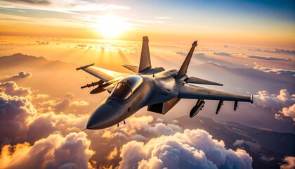 Fighter jet soaring above clouds at sunset with vibrant colors illuminating the sky