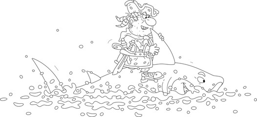 Funny sea pirate with a cocked hat, a pistol and a sharp saber riding a shark in a sea in search of adventure, black and white vector cartoon illustration for a coloring book