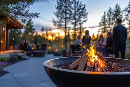 Group of friends enjoying an autumn evening outdoors, sitting around a fire pit, laughing and talking. Cozy atmosphere, warm clothes, and vibrant fall foliage in the background. Copy space. Banner