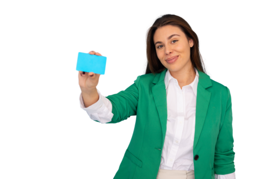 Confident businesswoman displaying a credit card, suggesting cashless transactions and financial management