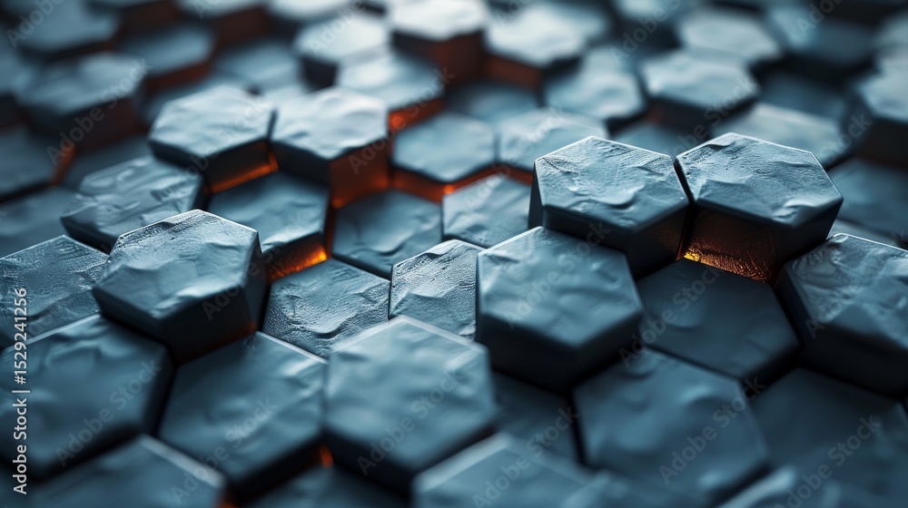 Aufkleber an abstract representation of hexagon shapes, with a textured surface and illuminated features, refl
