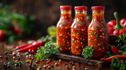 A vibrant array of bottles filled with spicy chili sauce sits on a rustic wooden table, showcasing a rich mix of colors and ingredients that enhance flavors.