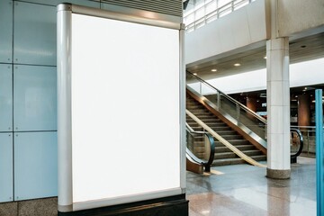 White blank billboard mockup inside subway station with stairs and modern interior. Ideal for advertising, poster, or banner display in urban public transport settings.

