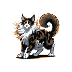 Fluffy Maine Coon Cat Cartoon Illustration with Luxurious Fur and Curled Tail