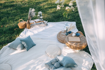 Cozy picnic setup on a grassy field with cushions and decorative elements