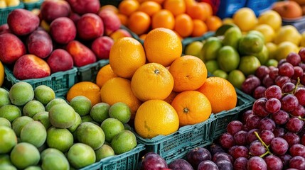 Fresh Fruits Displayed in Colorful Baskets at a Vibrant Market Stall