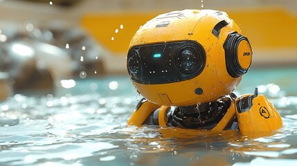 Yellow Futuristic Robot Swimming in Water