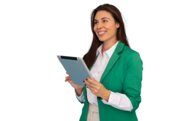 Happy businesswoman smiling while using a digital tablet, looking away with confidence, set against a transparent background