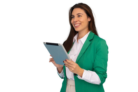 Happy businesswoman smiling while using a digital tablet, looking away with confidence, set against a transparent background