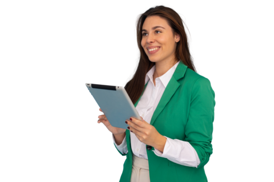 Happy businesswoman smiling while using a digital tablet, looking away with confidence, set against a transparent background - Powered by Adobe