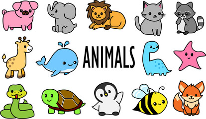 Set of Cute Cartoon Animals Including Lion, Elephant, Whale, Bee, Penguin and More – Fun Vector for Kids Projects, Education, and Design Use