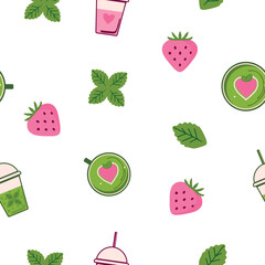 Summer drink pattern with strawberry, mint, and matcha bubble tea elements for clean vector illustrations