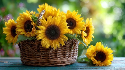 Vibrant Sunflowers in a Rustic Basket on a Wooden Table