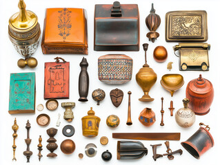 Collection of antique ornate boxes, vessels, and decorative objects displayed on white background