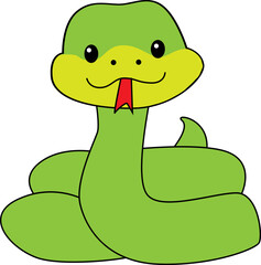 Friendly Green Snake Cartoon Illustration with Cute Smile and Red Tongue – Fun Animal Character for Kids and Education Projects