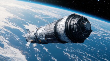Fototapeta premium Futuristic Spacecraft Orbiting Earth with Deep Space Backdrop and Planetary Atmosphere