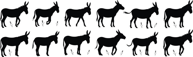 Donkey silhouette vector set, black animal icons for farm, agriculture, design, decoration, rural clipart, nature, pet,