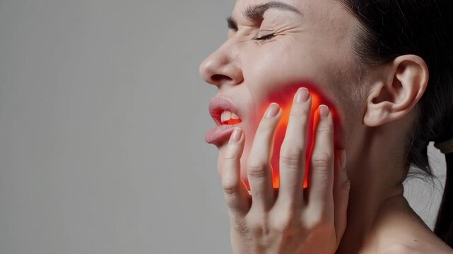 Woman with dark hair, possibly bare shouldered, grimaces and holds her jaw in pain, a highlighted red area indicating the source of her discomfort against a neutral gray backdrop